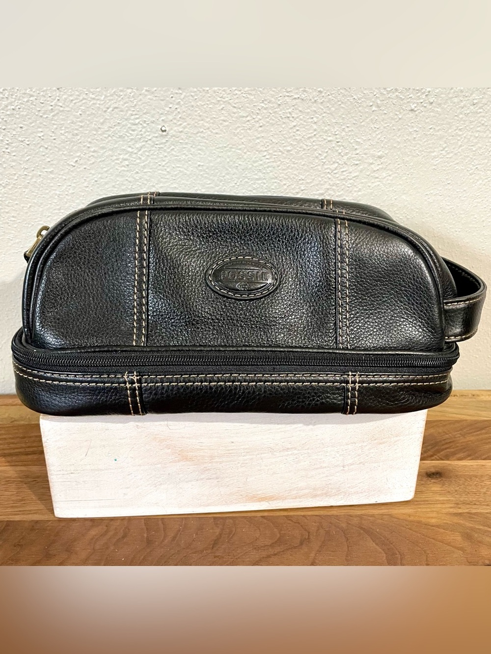 Fossil Black Leather Toiletry Bag Shaving Dopp Kit Travel Organizer Heritage